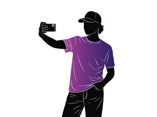 Silhouette of a person taking a selfie in minimalist style vector illustration
