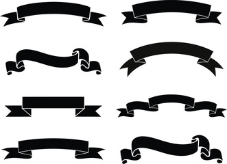 Collection of eight elegant black ribbon banners for various designs and graphical display elements