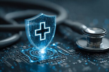 Modern Healthcare Technology with Glowing Shield, Emphasizing Digital Security for Medical Data