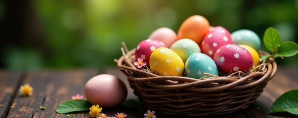 Spectacular array of decorated eggs in rustic basket , colorful easter eggs, beautiful, easter decorations
