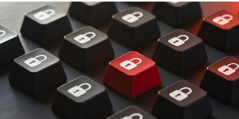 Cybersecurity Concept Featuring a Red Lock Key Among Black Keys, Symbolizing Data Protection, Online Security, and Digital Access Control in a Modern Technological Environment