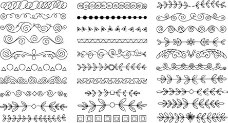 Hand drawn collection of various decorative design elements including borders dividers and swirls for use