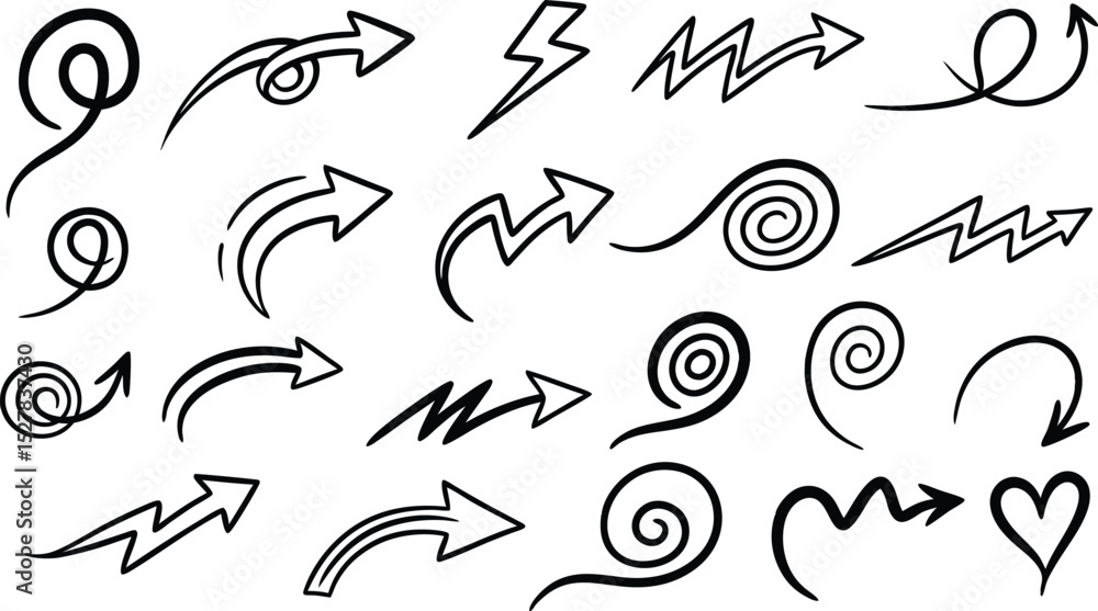 Poster hand drawn set of various black arrows and design elements for graphic design and user interface
