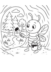 Coloring book  termite with a wide smile and wings is holding a paintbrush and a bucket of paint