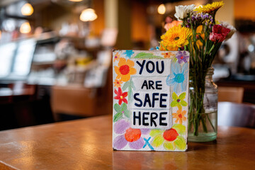 Hand painted sign with You Are Safe Here sits on table next to vase of colorful flowers in cozy cafe setting, creating welcoming and warm atmosphere