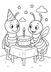Coloring book termite wearing a party hat is looking at a birthday cake with a lit candle