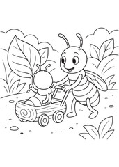 Coloring book termite with a happy expression, is pushing a small wooden wagon with wheels