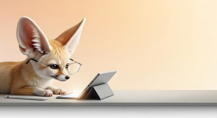 Smart Fennec Fox: A clever fennec fox, donning glasses, engrossed in learning. The scene is a testament to the fusion of nature and education, underscored by the sharp attention to detail.