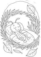 Coloring book termite with closed eyes and Zzz indicating sleep, is sleeping peacefully under a blanket made of a large leaf