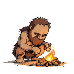 Vsai concentrated caveman making fire with sticks and wood