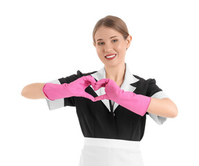 Pretty chambermaid in rubber gloves making heart with hands on white background