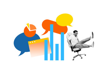 Creative trend artwork design collage sketch of conversation balloon message dialog cloud young man sit armchair goal stats business trade