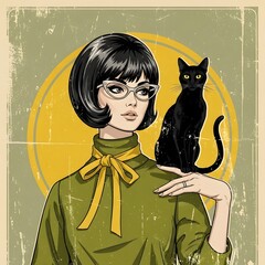 Elegant Companionship: A retro-styled illustration of a stylish woman with striking black hair and glasses, adorned with a sleek black cat on her shoulder.