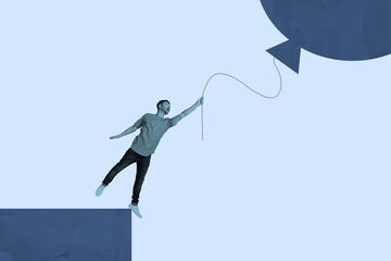 3D collage poster template trend artwork sketch of young man stand edge cliff hand hold rope air...
