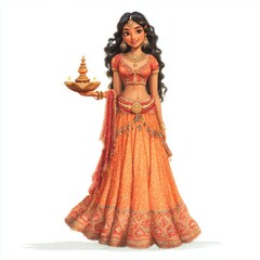 Fototapeta premium Young woman in traditional Indian attire holds decorative oil lamp against a white background, celebrating cultural heritage and beauty