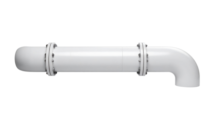 White industrial pipe with bolted flange joints and a 90-degree elbow bend.