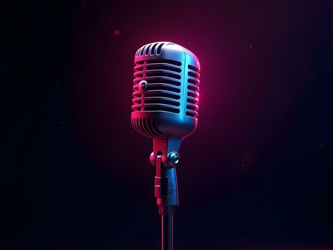 Retro Microphone in Neon Light on Dark Background
