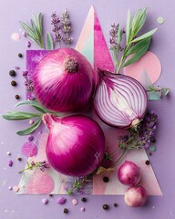 Vibrant purple onions with herbs on a pastel backdrop.