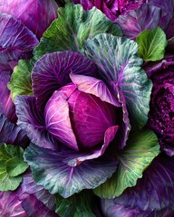 Vibrant purple cabbage with lush green leaves.