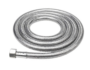 A coiled stainless steel braided hose with a metal fitting designed for flexible, durable fluid or gas connections.