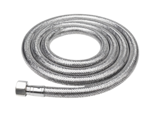A coiled stainless steel braided hose with a metal fitting designed for flexible, durable fluid or gas connections.