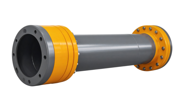 A metallic industrial pipe with yellow flanged ends secured by bolts, designed for fluid or gas transport in mechanical or engineering systems.