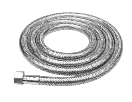 A coiled stainless steel braided hose with a metal fitting designed for flexible, durable fluid or gas connections.