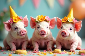 Group of piglets with flower crowns, enjoying party treats, adorable piglets, piglet party