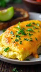 A fluffy omelette overflowing with cheese nestled between golden-brown toasted bread slices, ready to be devoured Perfect for a quick and satisfying breakfast or brunch , highprotein, meal, tasty