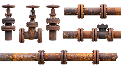 Rusty industrial valves and pipes with flanged connections, showing weathered metal corrosion and wear.