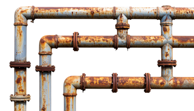 Rusted metal pipes interconnected with joints and flanges, showing corrosion and wear.