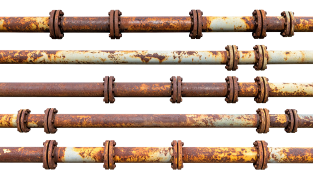 Five horizontal rusty metal pipes with clamps showing extensive corrosion and weathering.