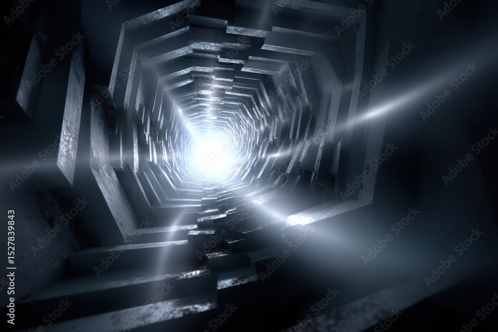 Poster exploring a mysterious tunnel illuminated by bright light in a dark environment
