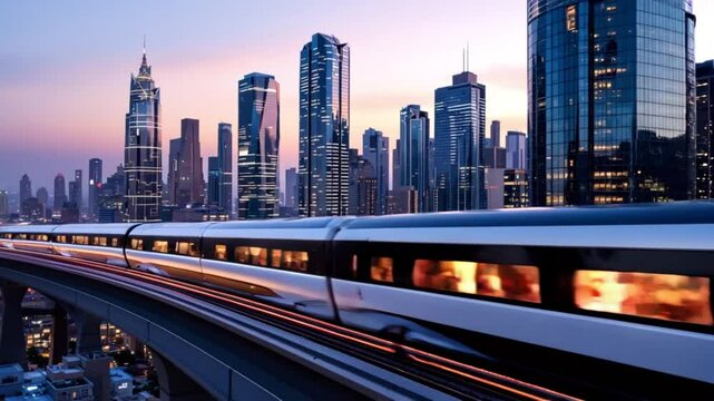 Futuristic high-speed train gliding along an elevated track system above a vibrant, modern city at twilight - Powered by Adobe