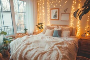 Cozy bedroom with fairy lights and soft lighting home interior decor style warm and inviting environment aesthetic viewpoint serenity concept