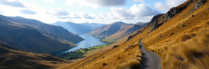 Steep Kirkstone Pass ascent towards Windermere, Snarker Pike prominent, scenic, view
