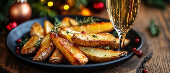 Background shot of baked potato wedges as side dish and champagne glass with sparkling drink served on festive dining table on Christmas Eve