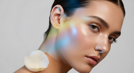  iridescent skin and Petal: A young woman with iridescent makeup and a translucent petal on her shoulder. Her expression is serene and captivating. The image is visually striking.