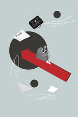 Pop banner collage of person sit arrows with paper plan suitcase on blue background