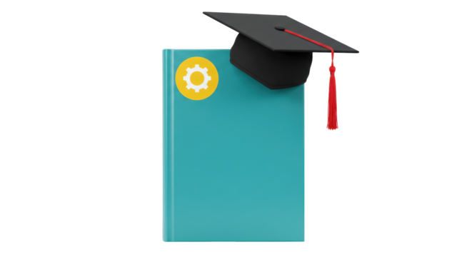Isolated Graduation Cap on Book with Gear