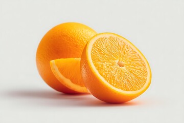 Fototapeta premium Whole Orange With One Circular Slice Placed Flat Showing The Inner Juicy Segments. Rich Orange Tones Against A Clean White Background Enhance Contrast. Shadows Are Soft, And Space Is Preserved On 