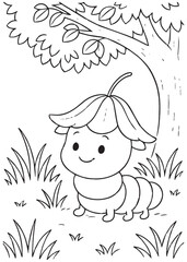 Coloring book caterpillar with a friendly smile is wearing a leaf as a hat, standing in a grassy area under a tree