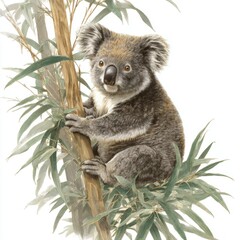Obraz premium Cute koala sitting on a branch surrounded by lush green eucalyptus leaves in a serene natural setting