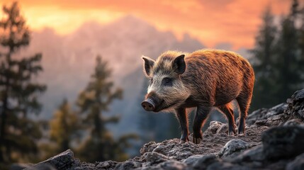 Wild boar on a mountaintop at sunset. A reddish-brown boar stands on a rocky outcrop, facing forward, against a backdrop of a colorful mountain range at sunset.