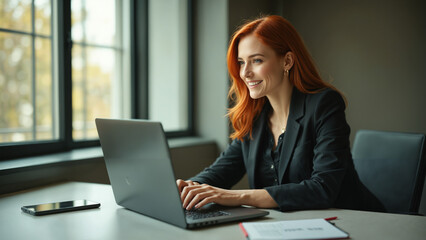 Profesjonalne zdjęcie kobiety skupionej nad laptopem w biurze, przy oknie, naturalne światło, minimalistyczny styl.