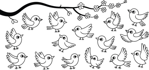 Cute cartoon birds flying and perching on blooming tree branch, black and white vector illustration, spring design, coloring page art