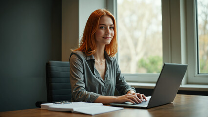 Profesjonalne zdjęcie kobiety skupionej nad laptopem w biurze, przy oknie, naturalne światło, minimalistyczny styl.