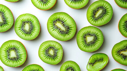 Fototapeta premium Bright Green Kiwi Fruit Slices on White Background