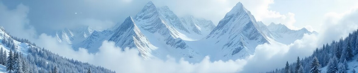 Fototapeta premium A majestic mountain range is engulfed in a fierce snowstorm, snow swirling around the peaks Visibility is low, creating a dramatic and powerful scene of winter's fury , sky, cold, blizzard