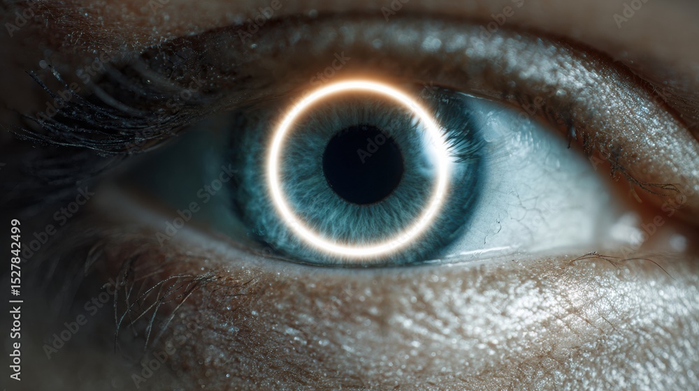 Poster Glowing Ring Light Reflection in the Eye Creates Captivating Visual Effect in a Clean Aesthetic Setting